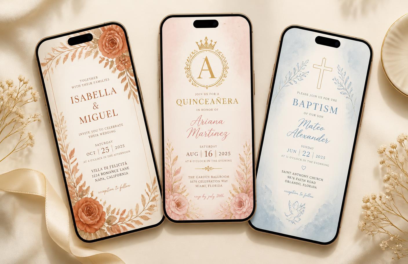 Tres celulares mostrando invitaciones digitales de boda, XV años y bautizo